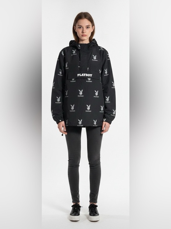 PLAYBOY Jackets & Blazers - PLAYBOY Black Pullover Anorak with White Bunny Print